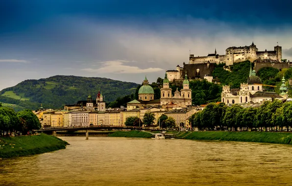 Город, река, фото, дома, Австрия, замки, Salzburg
