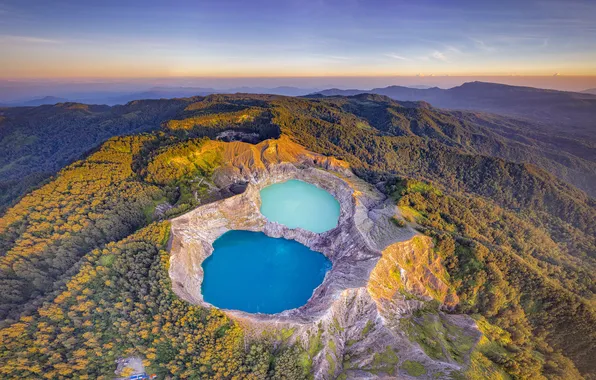 Картинка Indonesia, volcano, aerial view, crater lake, Flores Island, Kelimutu