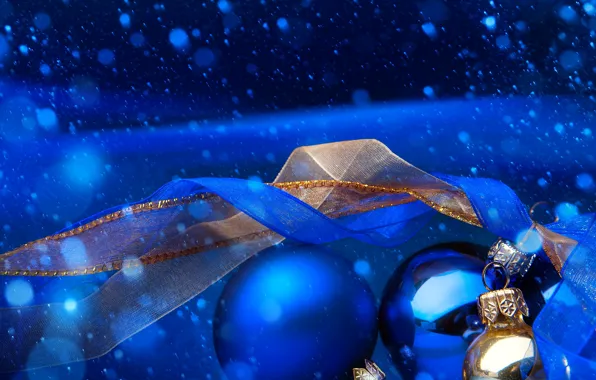 Картинка зима, снег, синий, ленты, шары, Новый год, New Year