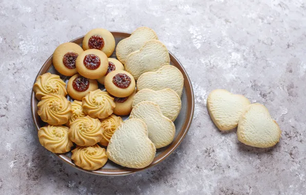 Печенье, тарелка, сердечки, миска, светлый фон, разное, ассорти, с джемом