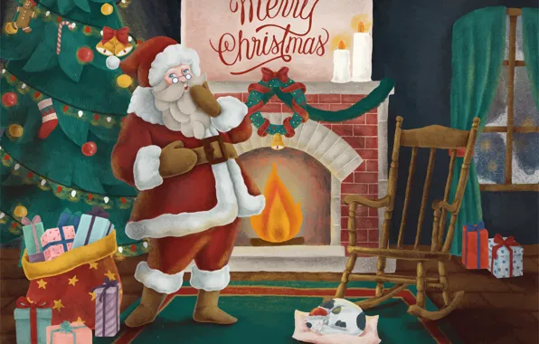 Комната, Рождество, Новый год, Санта Клаус, Камин, Merry Christmas, Подарки, Рождественская елка