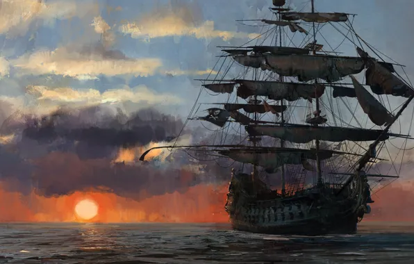 Картинка game, pirate, sunset, pirate ship, flag, ship, pirate flag, kaizoku