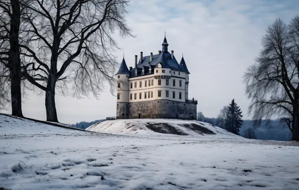 Snow, снег, природа, старый, зима, old, landscape, замок
