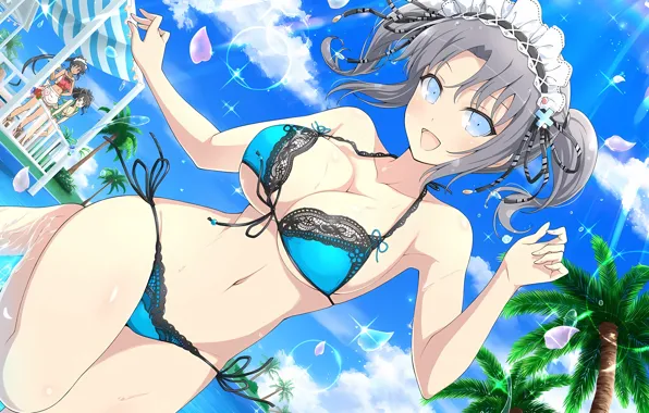 Girl, sexy, wet, pool, cleavage, sky, boobs, anime