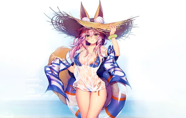 Girl, sexy, cleavage, pink hair, long hair, boobs, animal ears, anime