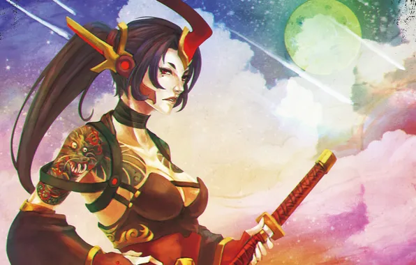 Грудь, взгляд, фантастика, меч, катана, тату, арт, galactic samurai