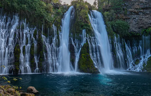 Скала, река, Калифорния, водопады, каскад, California, Burney Falls, Burney Creek