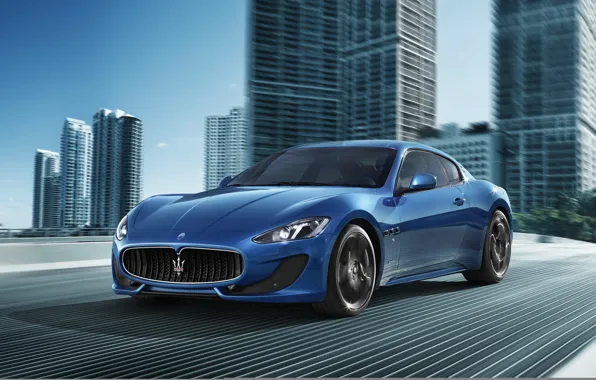 Картинка дорога, синий, город, движение, спорт, Maserati, суперкар, Мазерати