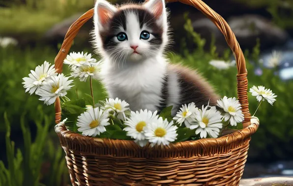 Кошка, взгляд, цветы, природа, котенок, ромашки, мордашка, корзинка