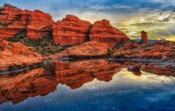 Небо, облака, природа, озеро, скалы, Аризона, Sedona, Седона