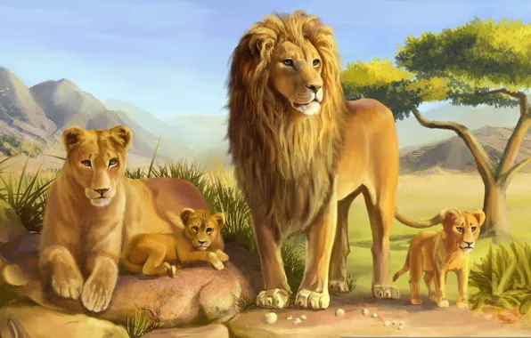 Картинка кошки, камни, дерево, хищники, лев, семья, арт, саванна