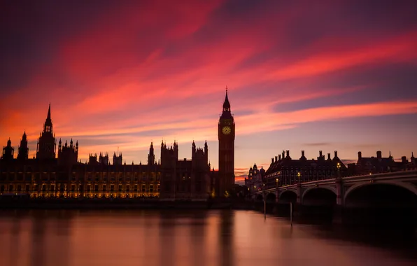 Небо, облака, мост, часы, Англия, Лондон, башня, парламент
