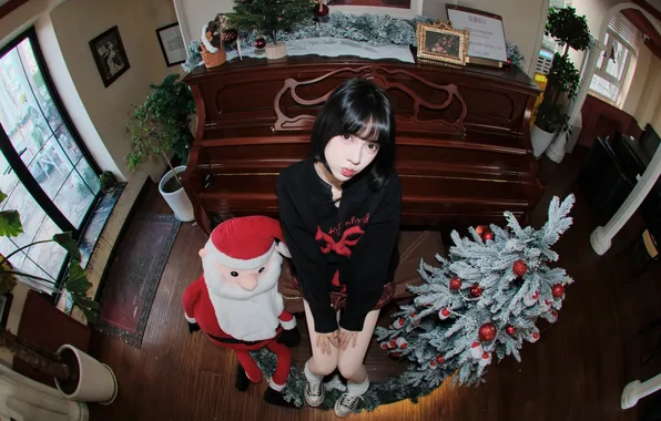Beautiful, Christmas, Asian, Model, Smile, Woman, Piano, Cute