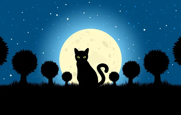 Картинка кот, звезды, луна, тень