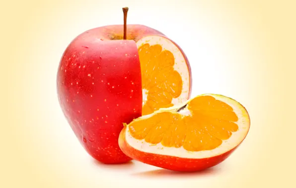 Рендеринг, apple, яблоко, апельсин, orange, mixed fruit
