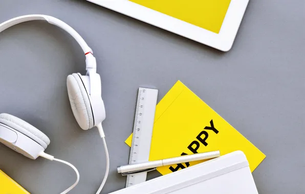 Обои, наушники, ручка, картинка, headphones, линейка, белые наушники