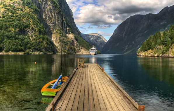 Картинка вода, горы, лодка, корабль, Норвегия, мостик, Лофотен