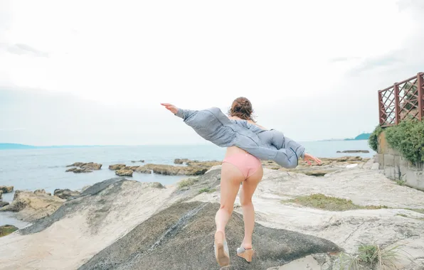 Rock, Asian, Model, Coast, Water, Woman, Back, Sea