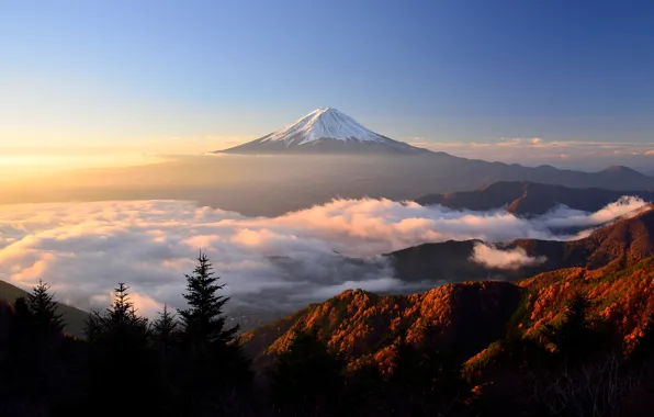 Картинка осень, свет, гора, утро, Япония, Фудзияма, стратовулкан, 富士山