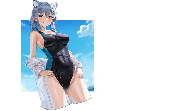 Girl, hot, sexy, wet, pool, boobs, blue, anime