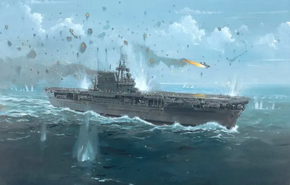 Картинка рисунок, арт, авианосец, выстрелы, WW2, ВМФ США, шапки разрывов, 24 августа 1942 года