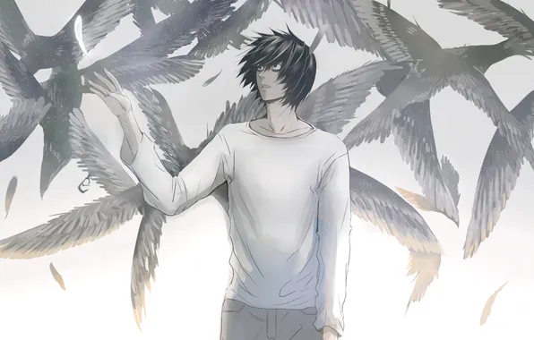 Картинка перо, крылья, парень, Death Note, тетрадь смерти