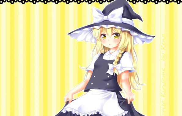 Шляпа ведьмы, ведьмочка, Touhou Project, Marisa Kirisame, Проект Восток, полосатый фон, by Rena