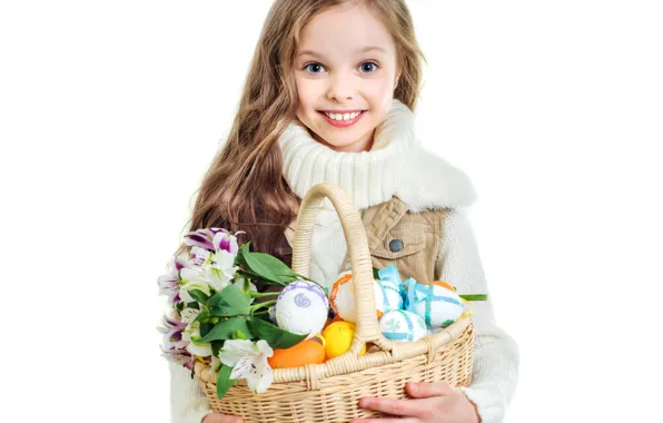 Цветы, улыбка, корзина, волосы, ребенок, яйца, Пасха, девочка