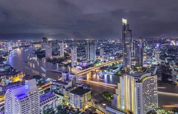 Пейзаж, ночь, город, река, красота, Таиланд, Бангкок, Thailand