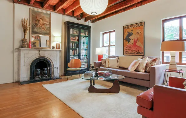 Дизайн, стиль, интерьер, камин, библиотека, гостиная, Molly Ringwald living room