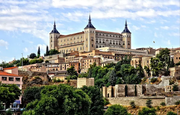 Замок, башня, дома, склон, холм, испания, Toledo, Alcazar