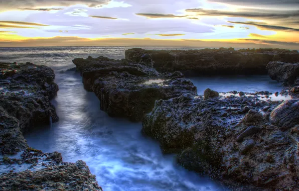 Картинка море, камни, рассвет, побережье, горизонт, Калифорния, США