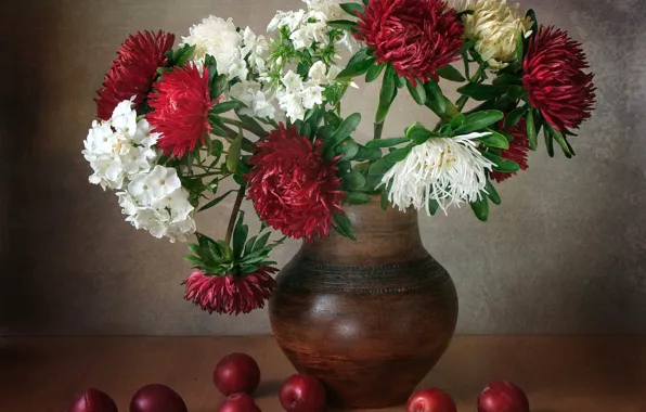 Букет, кувшин, алыча, флоксы, астры