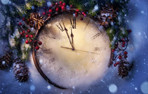 Картинка зима, снег, праздник, Новый Год, Рождество, Christmas, New Year, clock