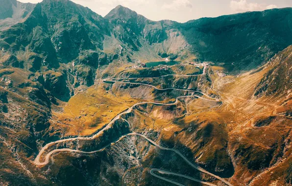 Дорога, горы, озеро, панорама, ущелье, серпантин, вид сверху, Румыния