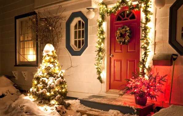 Картинка зима, снег, ночь, природа, lights, огни, дом, праздник