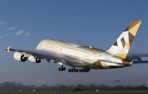 Самолет, Лайнер, A380, Взлет, Airbus, Etihad Airways, Эффект Прандтля — Глоерта, Шасси