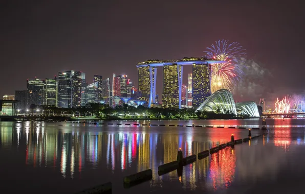 Картинка город, салют, панорама, Сингапур