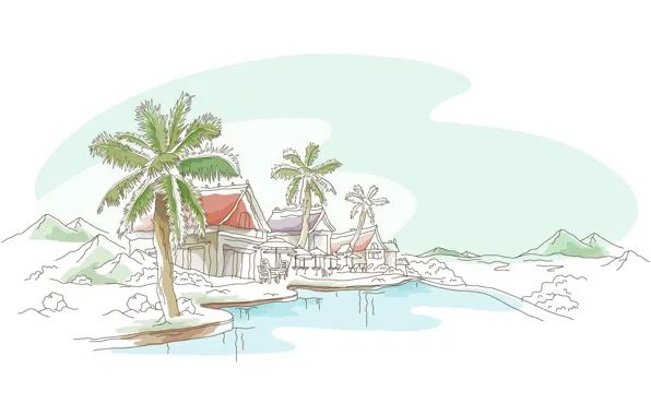 Картинка горы, озеро, стиль, пальмы, рисунок, вектор, кафе