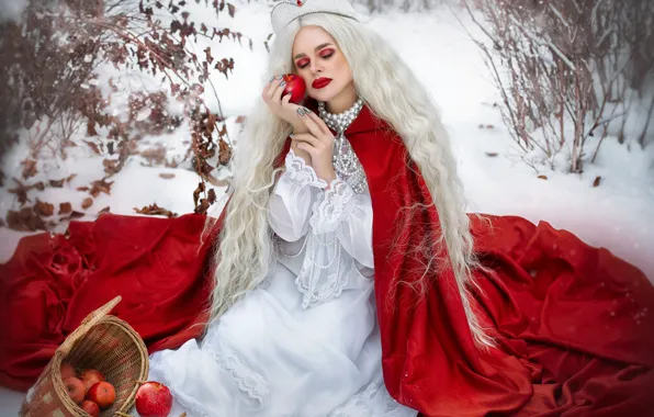 Зима, лес, девушка, снег, украшения, ветки, женщина, яблоки
