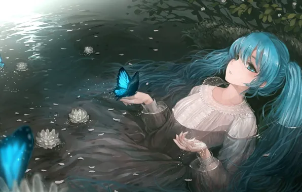 Вода, бабочка, аниме, арт, вокалоид, мику, Miku