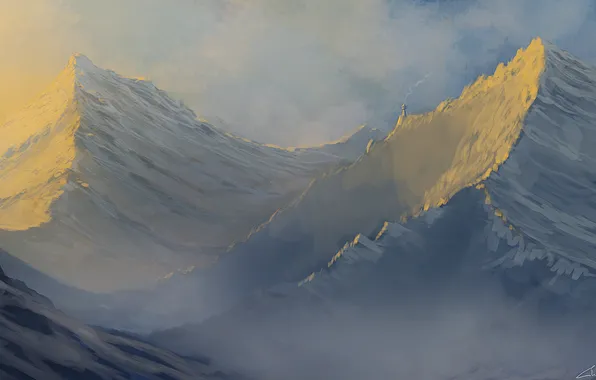 Картинка снег, закат, горы, дым, вершины, маяк, арт, гряда