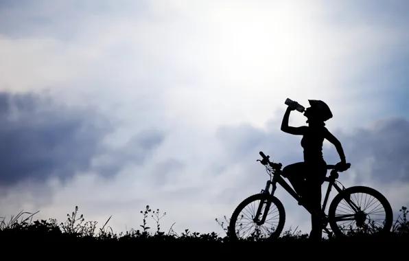 Девушка, природа, велосипед, силуэт, bicycle, water bottle