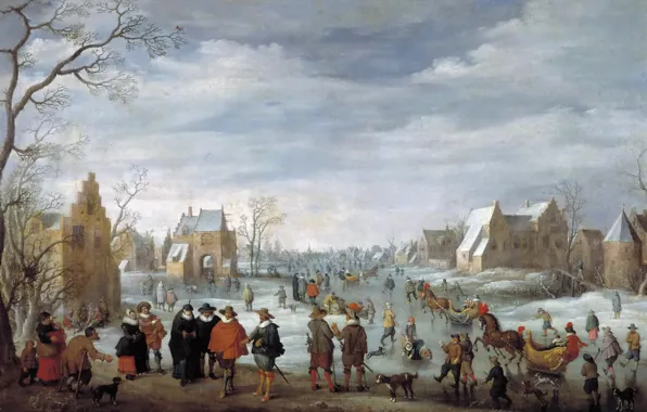 Картинка город, люди, дома, картина, Joost Cornelisz. Droochsloot, Зимний Пейзаж с Катанием на Льду