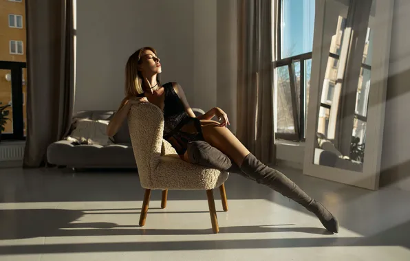 Lingerie, bodysuit, model, women, window, brunette, couch, black lingerie