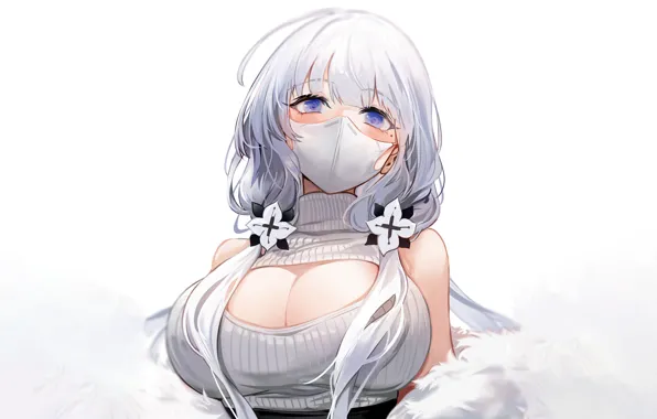 Girl, sexy, cleavage, blouse, long hair, boobs, anime, blue eyes