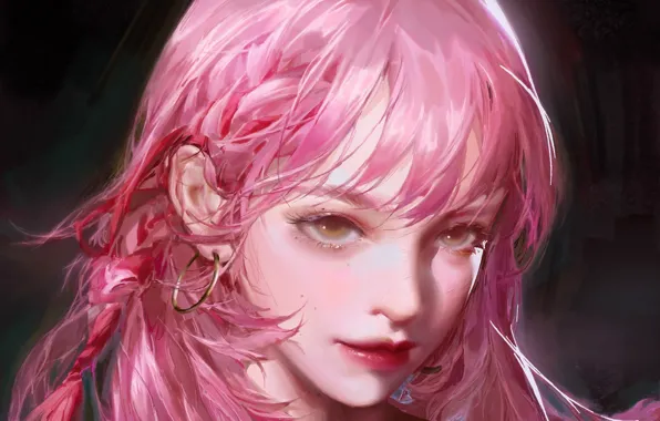 Лицо, серьги, косичка, розовые волосы, портрет девушки, by Star Academy