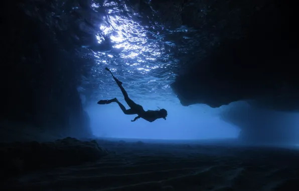 Girl, deep, sea, blue, water