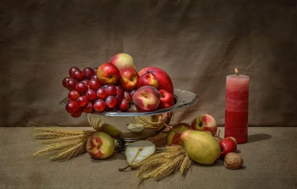 Яблоки, свеча, орех, виноград, фрукты, натюрморт, груши