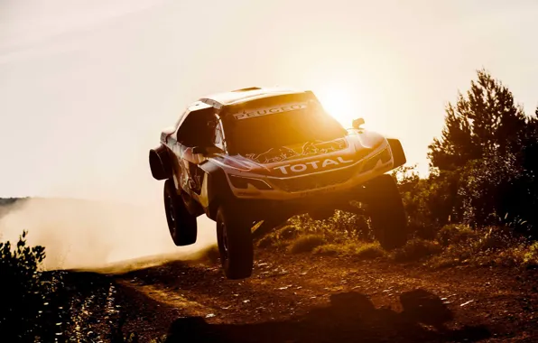 Закат, Солнце, Спорт, Скорость, Гонка, Грязь, Peugeot, Фары